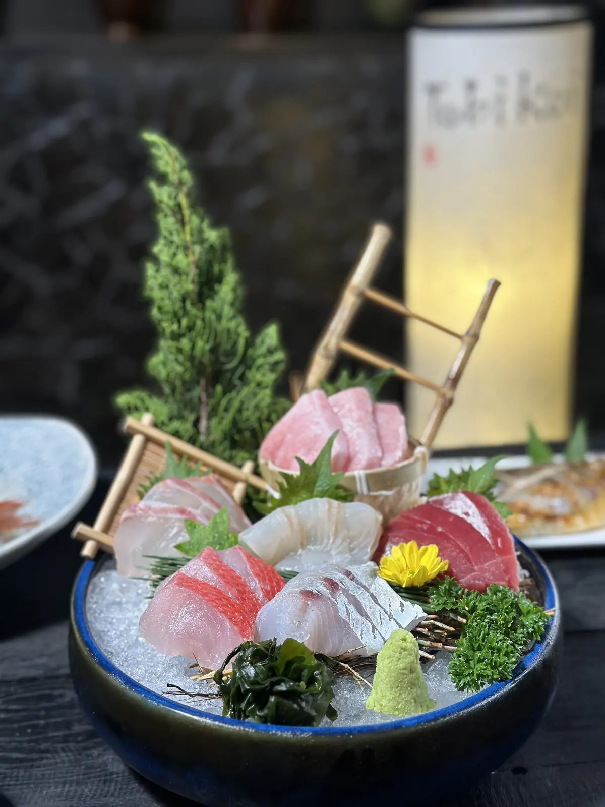 Sashimi bày bát đá bên đèn Tobi Koi